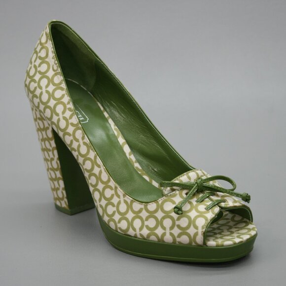 Coach Ladies 8 Corey Green Logo Signature C Platform Shoes Heels Peep-toe Pumps - Picture 1 of 12